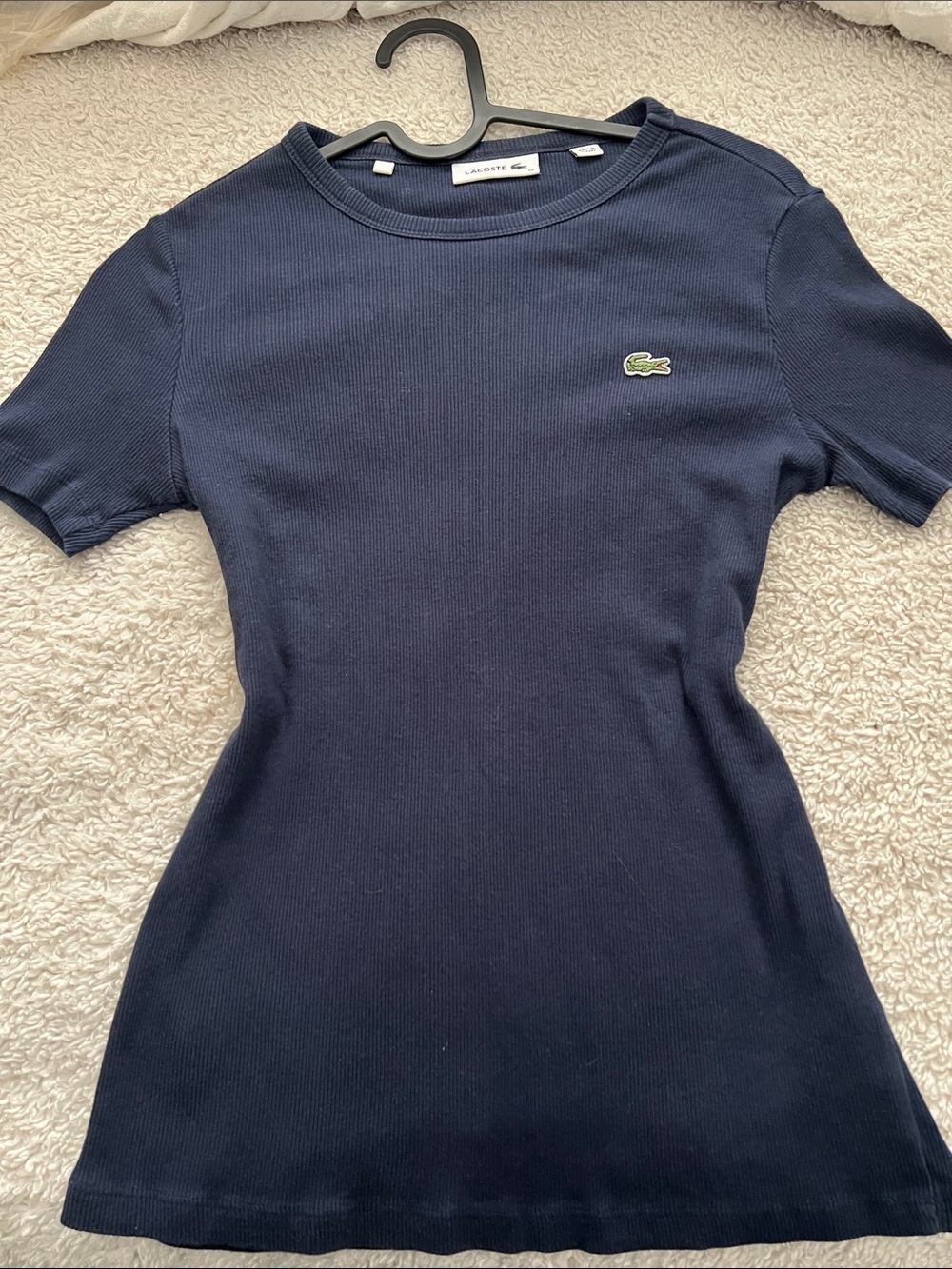 Lacoste Women's Navy Ribbed Short Sleeve Tee with Crocodile Logo